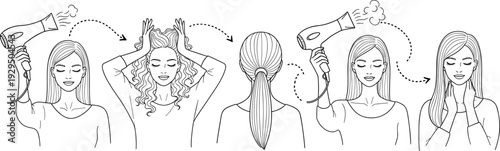 Hair Drying Steps with Hairdryer Illustration, Woman Hair Care Routine Process Line Art Vector Collection