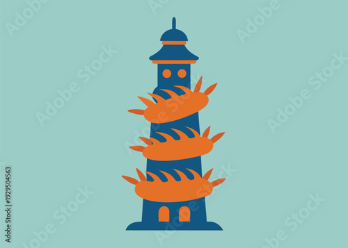 A hand-drawn doodle illustration of a blue lighthouse-shaped seafood tower with orange spiky crustaceans on a light blue background.