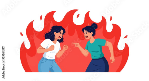Heated Dispute: Two Furious Women Yelling, Surrounded by Flames Symbolizing Anger and Conflict Vector Illustration