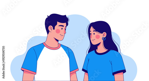 Young Couple Looking at Each Other - Modern Flat Illustration of Man and Woman Connecting with Smiles