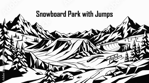 snowboard park with ramps and jumps black and white vector in snowy terrain representing freestyle winter sport and extreme activity