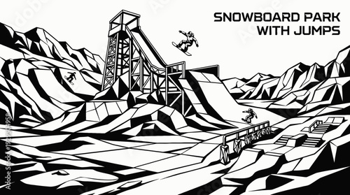 snowboard park with ramps and jumps black and white vector in snowy terrain representing freestyle winter sport and extreme activity