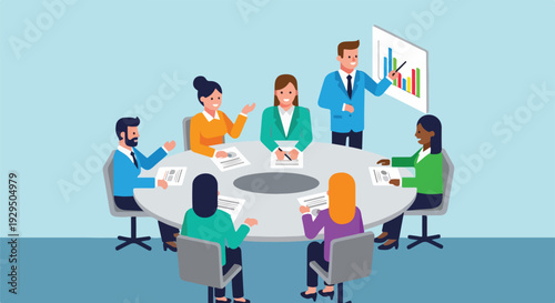 Diverse professional business team collaborating in a corporate meeting, discussing charts and strategies, with a presenter explaining financial growth data.
