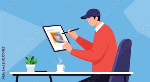 Creative graphic designer working on a tablet with a stylus, illustrating abstract art at a modern desk with coffee and a plant.