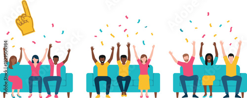 Happy Diverse People Celebrating on Sofa with Raised Hands and Confetti, Team Success and Victory Vector Illustration