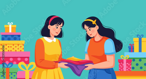 Women Sharing Folded Clothes Amidst Colorful Gift Boxes - Friendship, Generosity, and Gifting Vector Illustration