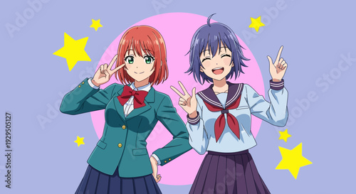 Cheerful Anime Schoolgirls Posing with Peace Signs Against a Starry Background