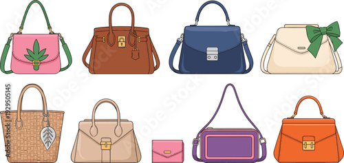 Fashion Women Handbags Collection with Leather Tote Shoulder and Clutch Bags Isolated Flat Vector Illustration Set