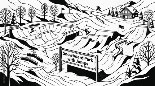 snowboard park with ramps and jumps black and white vector in snowy terrain representing freestyle winter sport and extreme activity