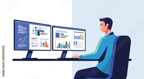 Man working on dual computer monitors displaying financial charts and data analysis on a desk