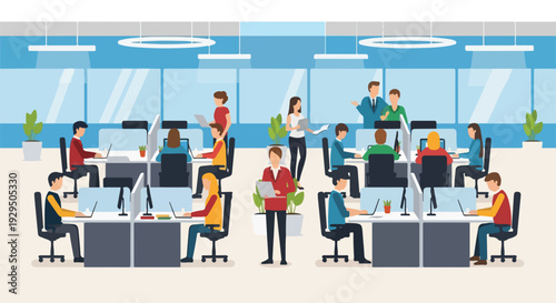 Modern open-plan office with diverse employees working at computers, collaborating, and discussing projects.