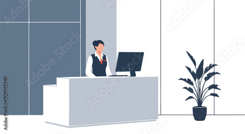 Receptionist working at a modern office reception desk with a computer and potted plant.