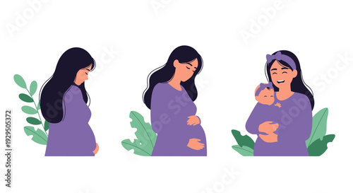 Motherhood Journey Illustration: Pregnant Woman Stages, From Expectation to Joyfully Holding Her Newborn Baby