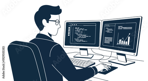 Programmer working on dual monitors displaying code and charts, representing software development and data analysis