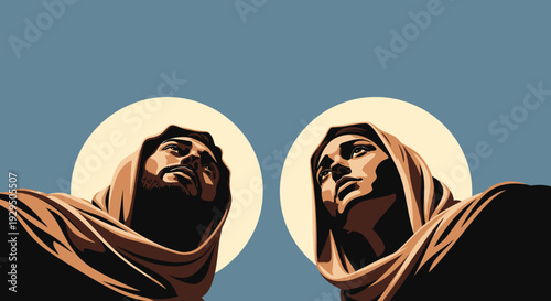 Modern Graphic Illustration of Reverent Figures Gazing Upwards with Halos, Representing Faith, Hope, and Divine Connection, Minimalist Religious Art