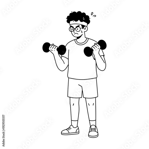 Hand drawn illustration of a sweaty man struggling with dumbbell bicep curls