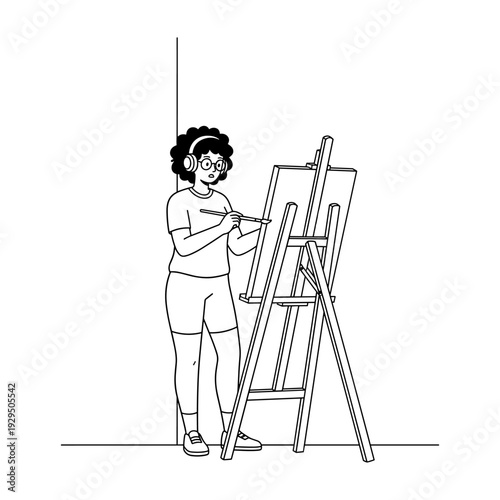 Hand drawn illustration of a creative person painting on an easel with headphones.