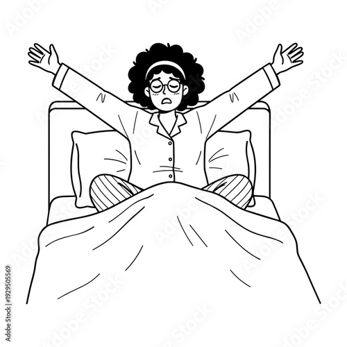 Hand drawn illustration of a tired person stretching and waking up in bed