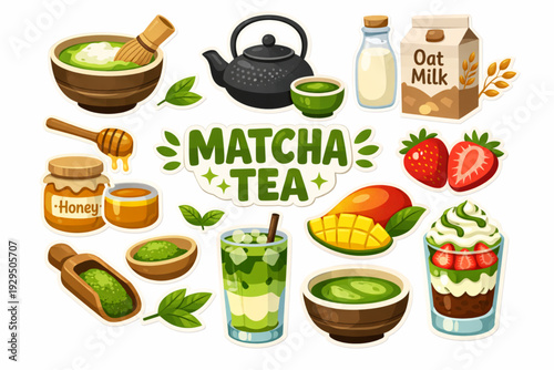 Vector Matcha Tea Elements Set – Flat Cartoon Japanese Hot Drink Sticker Collection with Oat Milk, Honey, Mango and Strawberry