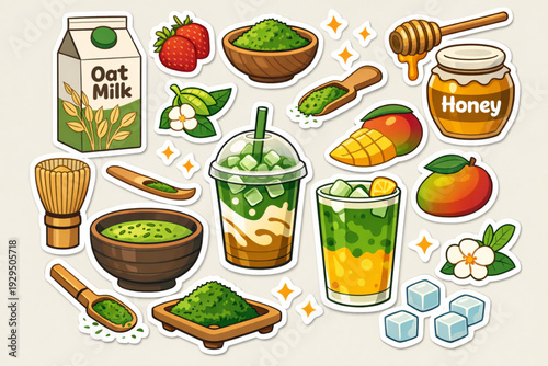 Vector Matcha Tea Elements Set – Flat Cartoon Japanese Hot Drink Sticker Collection with Oat Milk, Honey, Mango and Strawberry