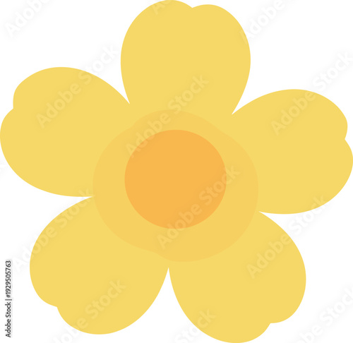 Simple yellow flower with rounded petals and orange center is displayed on white
