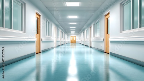 Wallpaper Mural Hospital corridor with bright lighting and long passage: A symmetrical corridor with gleaming floor and pristine walls, showcasing a perspective of depth and leading the eye toward the distant exit. Torontodigital.ca