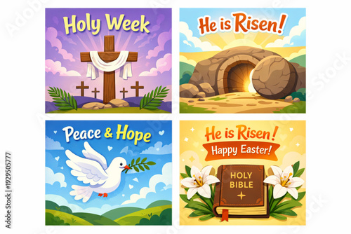 Holy Week & Easter Christian Cards — Jesus's Cross, Dove, Lily & Bible Cartoon Flat Vector Illustration