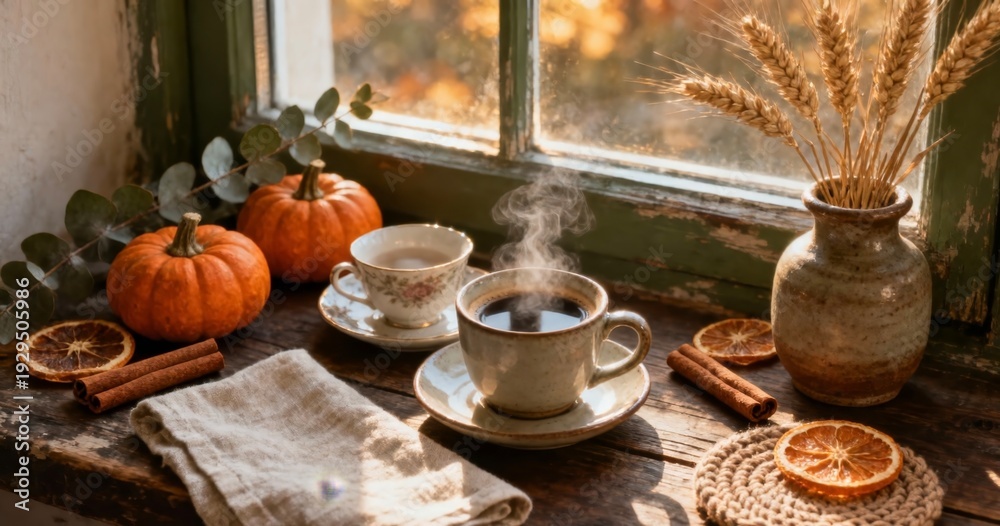 Obraz premium Cozy Autumn Still Life with Steaming Coffee and Pumpkins by Window