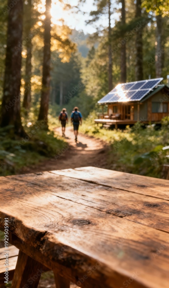 Fototapeta premium Wooden Table in Forest with Hikers and Solar-Powered Cabin