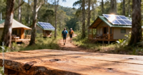 Wooden Table in Forest Cabin Area with Hikers and Solar Panels