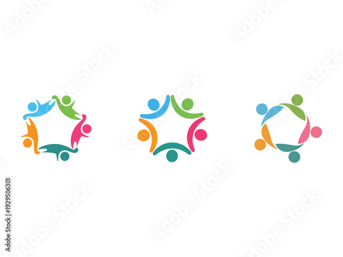 Abstract representations of people joining hands in colorful circular designs against a white background