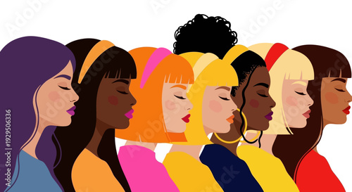 Diverse Women Profile Illustration with Closed Eyes: Unity, Empowerment, and Mindfulness. Multicultural Female Group Reflecting or Meditating.