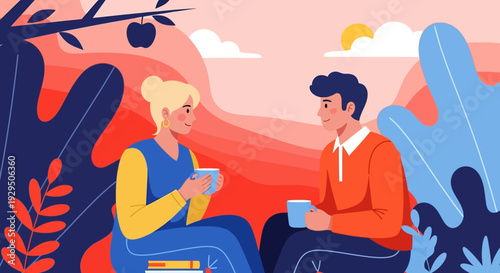 Happy Couple or Friends Chatting Over Coffee Outdoors. Modern Flat Vector Illustration of Relaxed Conversation and Connection.
