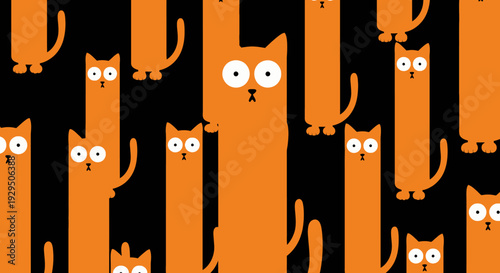 Whimsical Orange Cartoon Cats Seamless Pattern with Wide-Eyed Expressions on Black Background