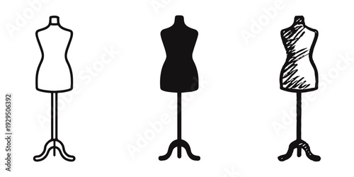 Dressmaker's Mannequin Icon Set - Outline, Solid, and Hand-drawn Styles for Fashion Design and Tailoring