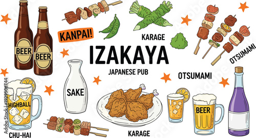 Izakaya Japanese Pub Food and Drink Illustration with Beer Sake Yakitori and Karaage, Hand Drawn Restaurant Vector Collection