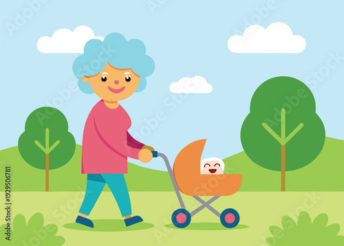 A happy elderly woman with blue hair pushing a baby in a stroller through a peaceful park.