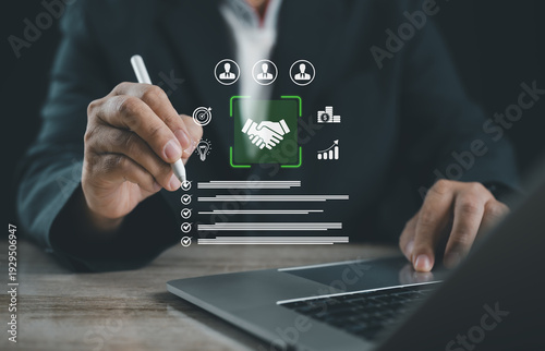 Strategic partnership agreement concept with digital checklist and handshake symbol. Represents business collaboration, contract approval, financial growth, and corporate performance planning.