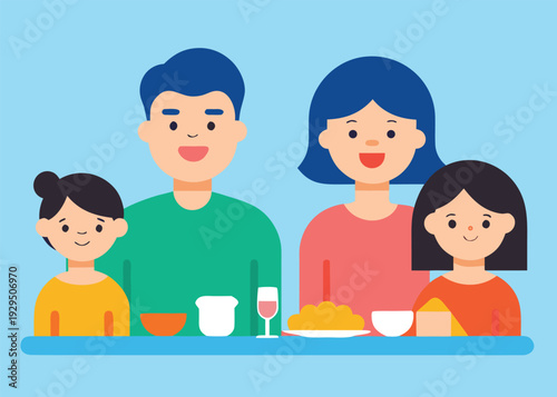 A happy family consisting of a father, mother, and two daughters enjoying a meal together at a table.