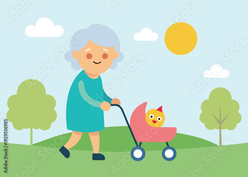 An elderly woman with light blue hair pushing a baby in a stroller through a rolling green park.