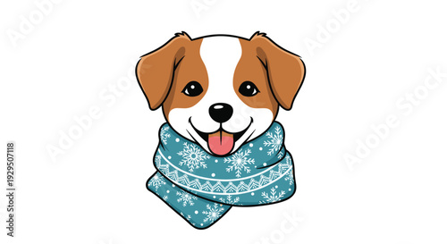 Friendly brown and white puppy wearing a blue winter scarf decorated with white snowflakes and smiling happily in a cute cartoon illustration.