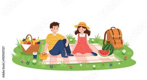 Happy young couple having a picnic on a green meadow with a basket of fruits and a large watermelon on a sunny day in a cute cartoon style.