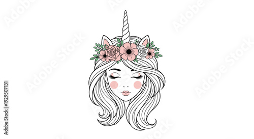 Enchanting face of a beautiful girl with long flowing white hair and a unicorn horn wearing a crown of colorful flowers in black line art.