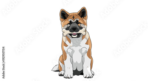 Strong akita dog sitting and holding a large white bone in its mouth with a focused and loyal expression in a hand drawn cartoon illustration.