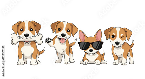 Group of four adorable jack russell terrier puppies in different poses including one with a bone and one wearing cool black sunglasses.