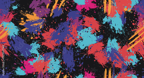 Vibrant abstract pattern of colorful paint splashes and drips in shades of red blue purple and yellow on a dark black background.