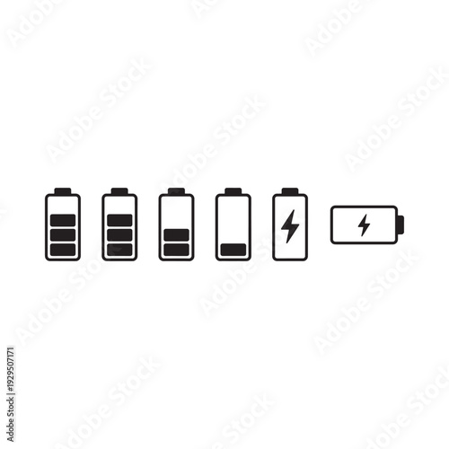 Battery level indicators showing decreasing charge with charging symbols high quality