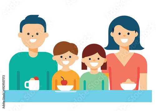 A cheerful family featuring a father, mother, and two young children sharing a breakfast meal at a table.