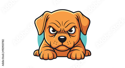 Small brown puppy with an angry and grumpy expression looking forward with its eyebrows furrowed in a cute cartoon illustration.