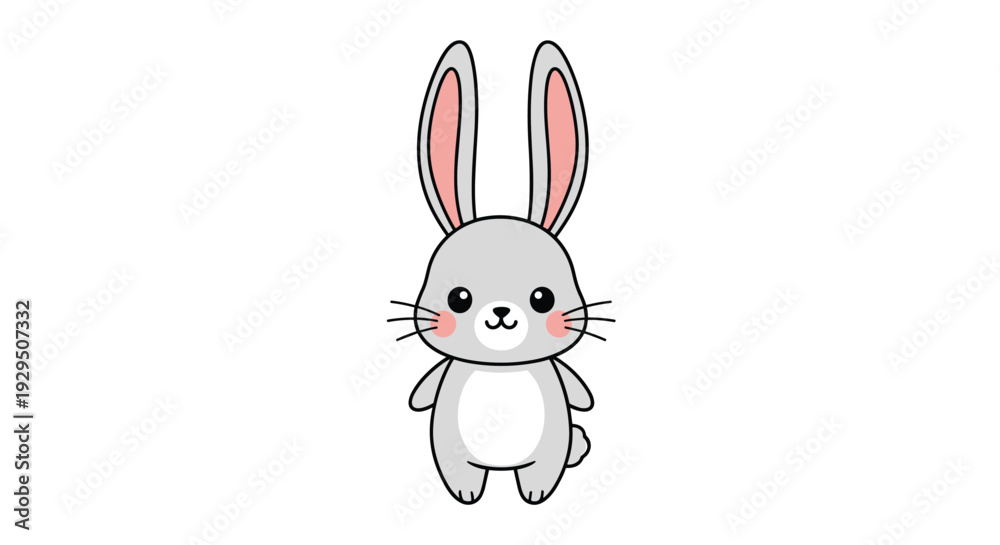 Obraz premium Cute gray cartoon rabbit with pink cheeks and long ears stands upright in a friendly pose against a clean white background for children designs.